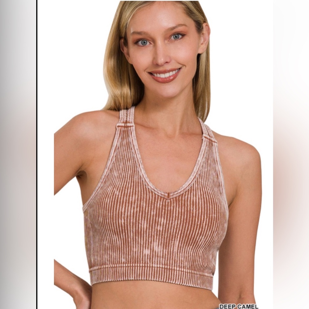 Zenana Outfitters Deep Camel Ribbed Velvet Racerback Crop Top
